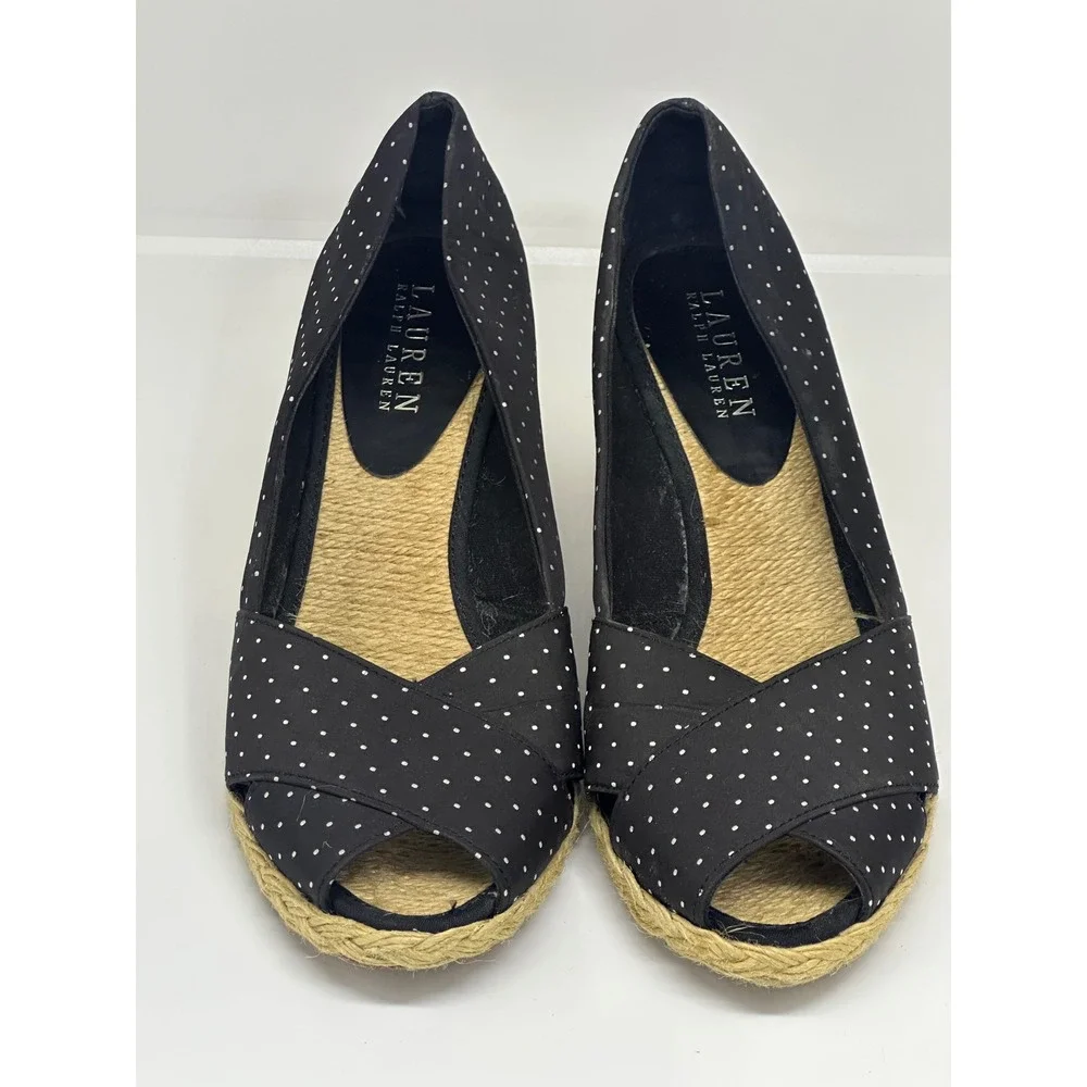 Lauren Ralph Lauren Espadrille Wedges Black Polka‎ Dot Peep Toe Heels Size 8.5